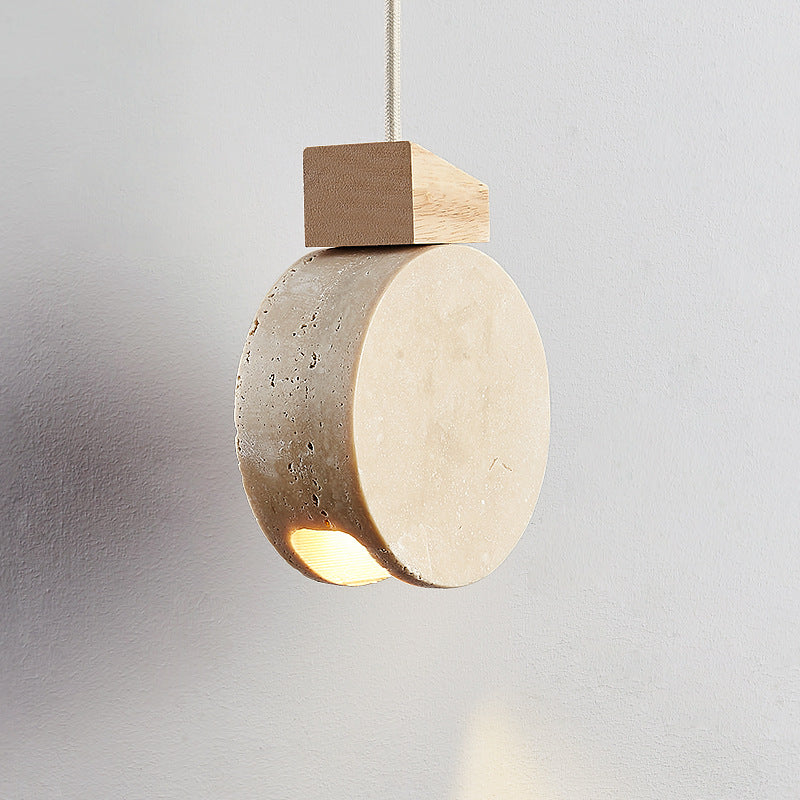 Suspension moderne minimaliste en bois massif rond beige travertin à 1 lumière pour salon 