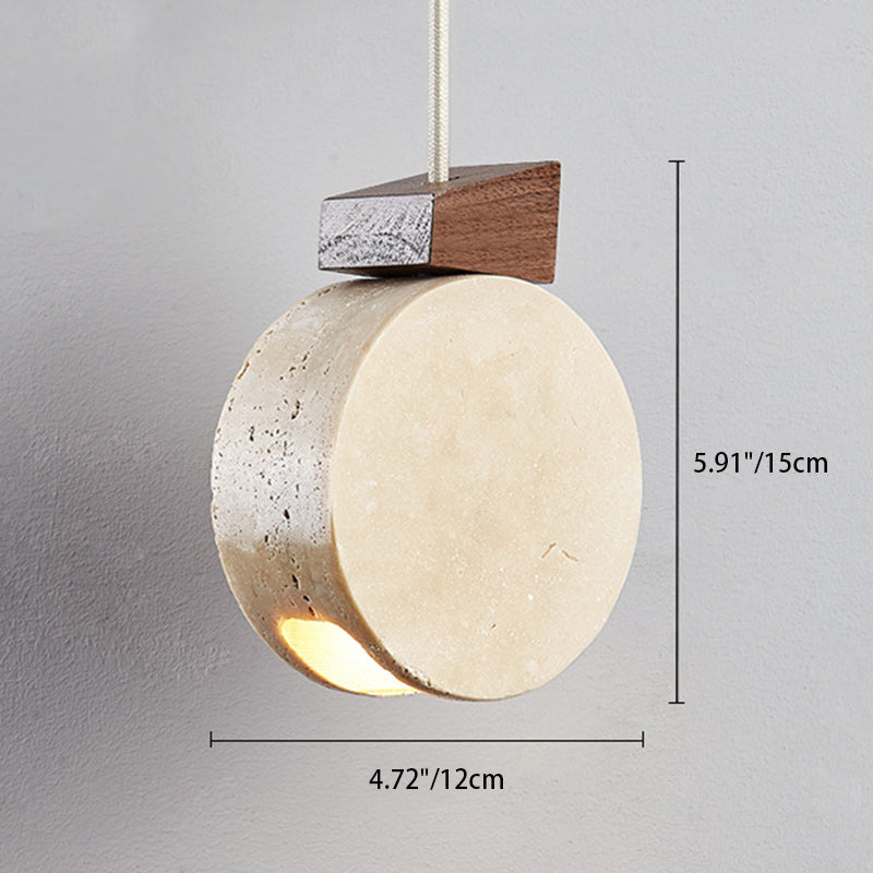 Suspension moderne minimaliste en bois massif rond beige travertin à 1 lumière pour salon 