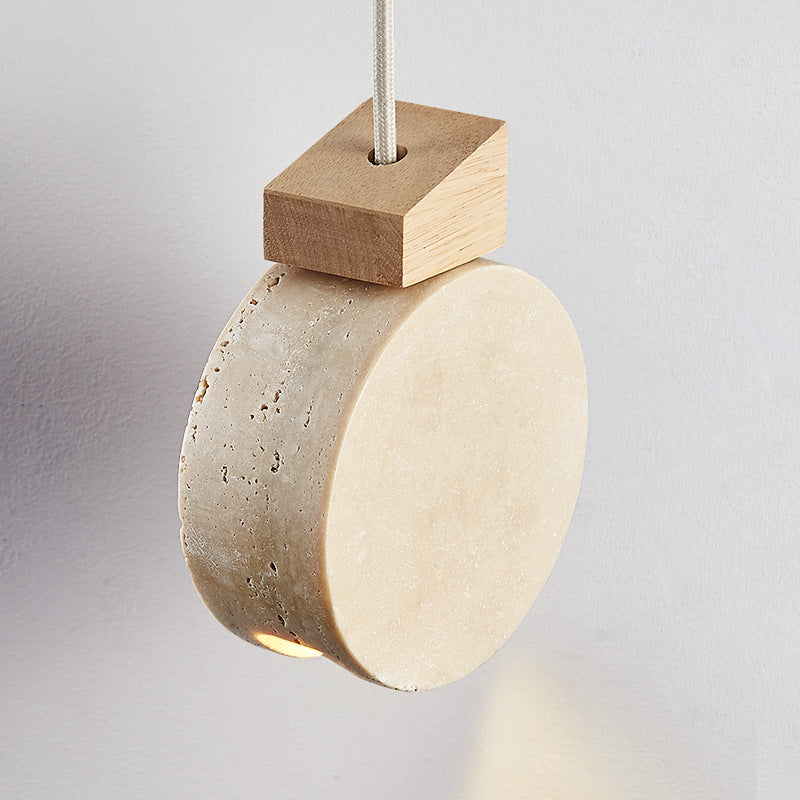 Suspension moderne minimaliste en bois massif rond beige travertin à 1 lumière pour salon 