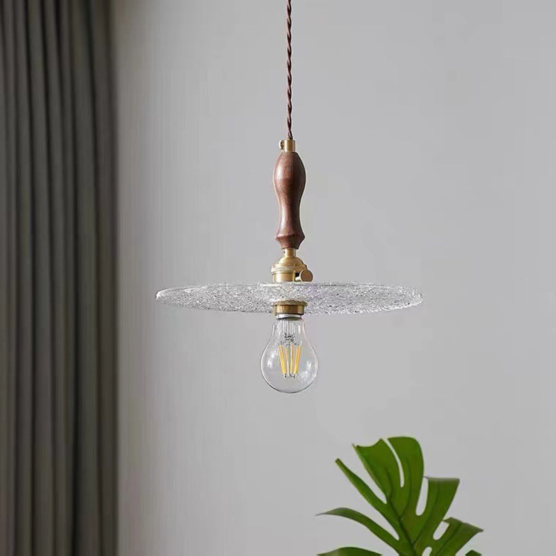 Zeitgenössische Vintage Runde Scheibe Kupfer Holz Glas 1-Licht Pendelleuchte für Wohnzimmer 