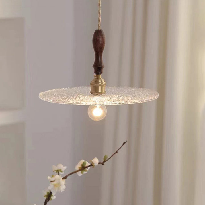 Zeitgenössische Vintage Runde Scheibe Kupfer Holz Glas 1-Licht Pendelleuchte für Wohnzimmer 