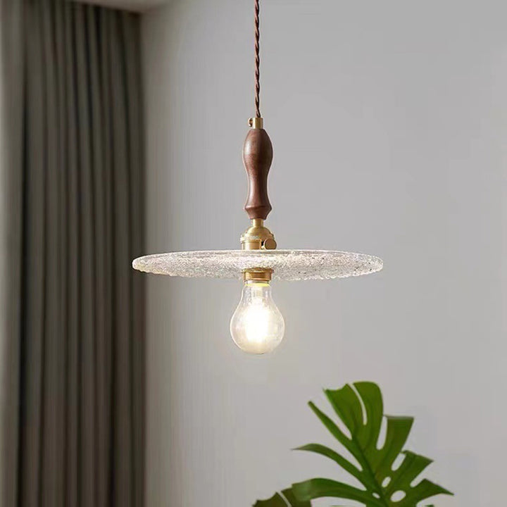 Zeitgenössische Vintage Runde Scheibe Kupfer Holz Glas 1-Licht Pendelleuchte für Wohnzimmer 