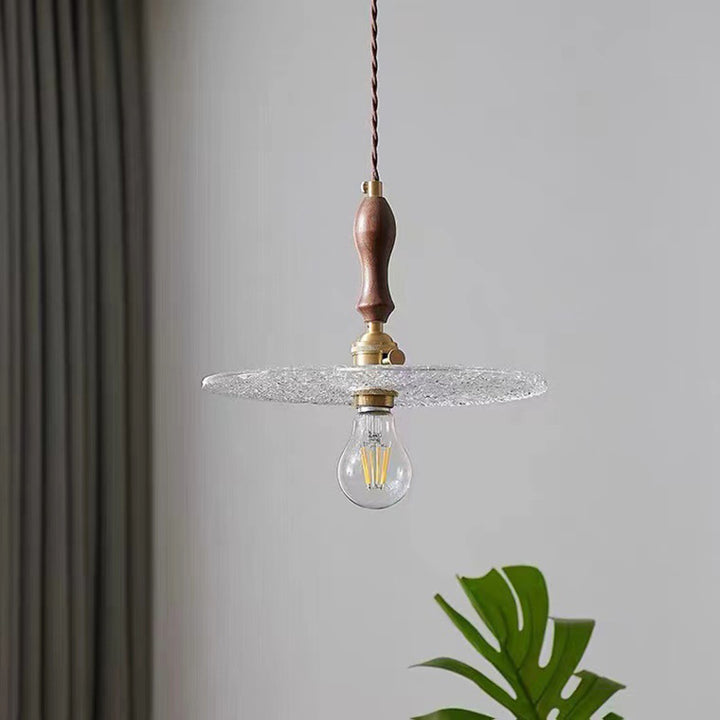 Zeitgenössische Vintage Runde Scheibe Kupfer Holz Glas 1-Licht Pendelleuchte für Wohnzimmer 