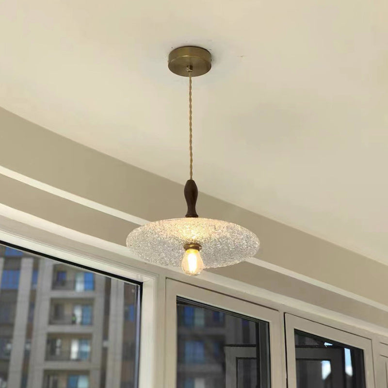 Zeitgenössische Vintage Runde Scheibe Kupfer Holz Glas 1-Licht Pendelleuchte für Wohnzimmer 