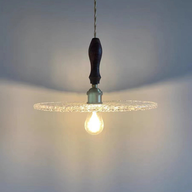 Zeitgenössische Vintage Runde Scheibe Kupfer Holz Glas 1-Licht Pendelleuchte für Wohnzimmer 