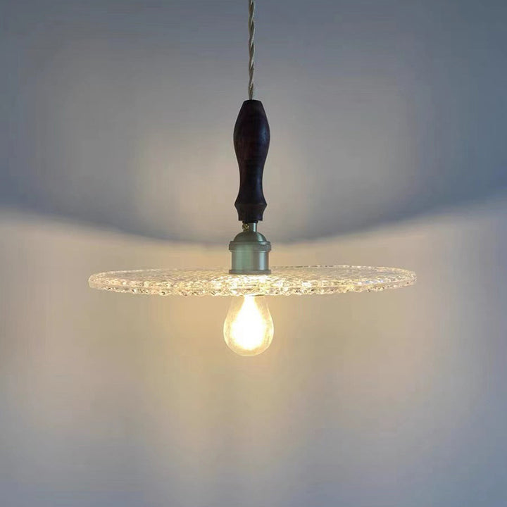 Zeitgenössische Vintage Runde Scheibe Kupfer Holz Glas 1-Licht Pendelleuchte für Wohnzimmer 