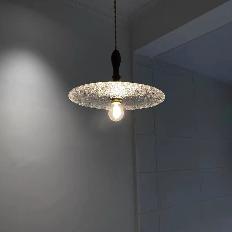 Zeitgenössische Vintage Runde Scheibe Kupfer Holz Glas 1-Licht Pendelleuchte für Wohnzimmer 