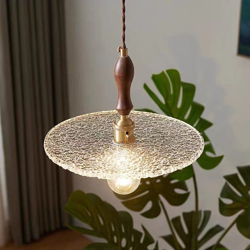 Zeitgenössische Vintage Runde Scheibe Kupfer Holz Glas 1-Licht Pendelleuchte für Wohnzimmer 