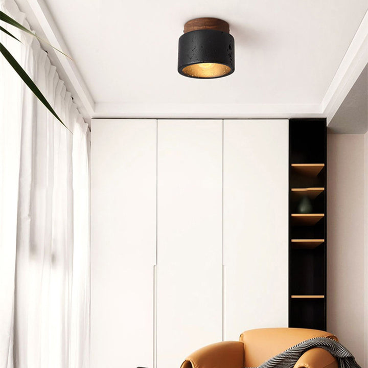 Plafonnier semi-encastré à 1 lumière en travertin noir cylindrique en bois traditionnel japonais pour couloir 