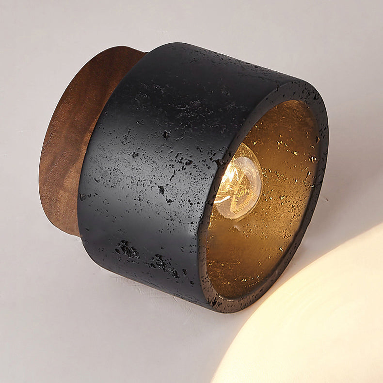 Traditional Japanese Cylindrical Wooden Black Travertine 1-Light Semi-Flush Mount Ceiling Light For Hallway