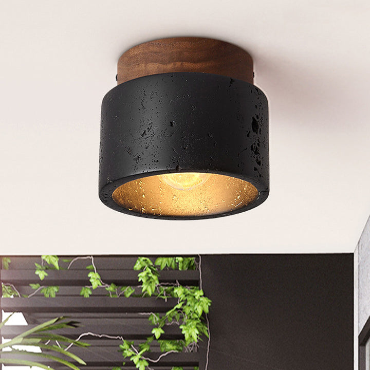 Plafonnier semi-encastré à 1 lumière en travertin noir cylindrique en bois traditionnel japonais pour couloir 