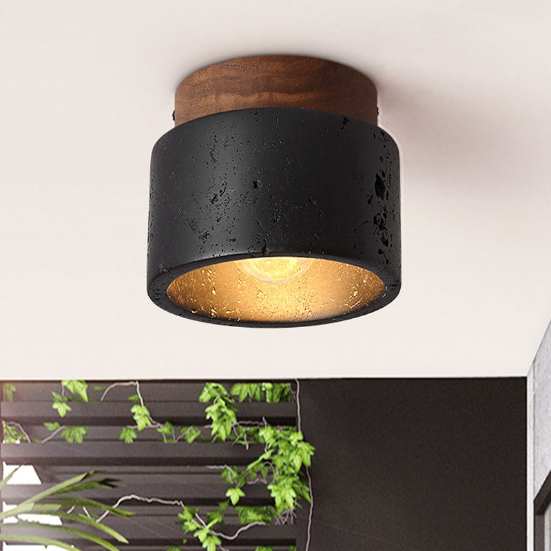 Traditional Japanese Cylindrical Wooden Black Travertine 1-Light Semi-Flush Mount Ceiling Light For Hallway