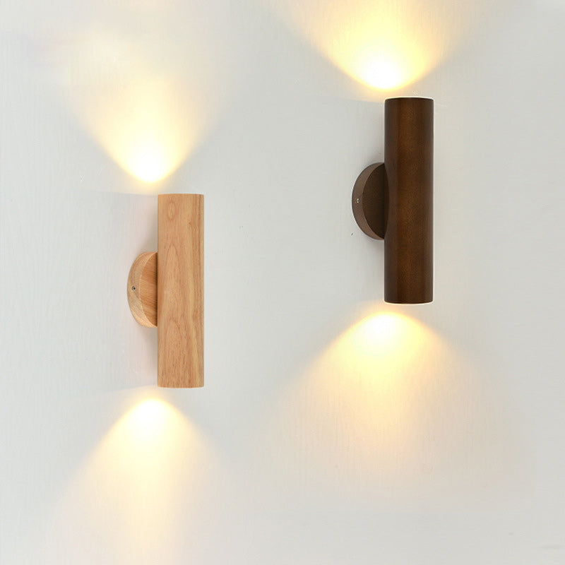 Applique murale LED en bois de caoutchouc cylindrique traditionnel chinois pour chambre à coucher 