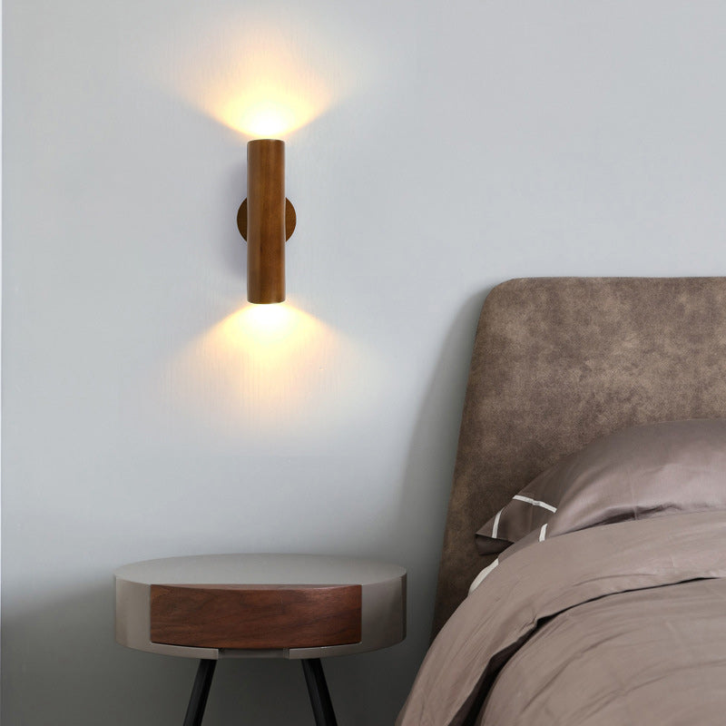 Applique murale LED en bois de caoutchouc cylindrique traditionnel chinois pour chambre à coucher 