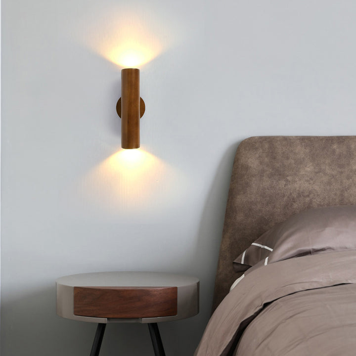 Applique murale LED en bois de caoutchouc cylindrique traditionnel chinois pour chambre à coucher 
