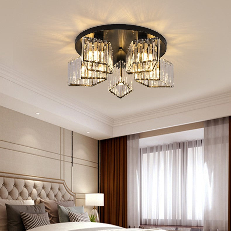 Zeitgenössische Luxus-Deckenleuchte mit rundem Diamant-Eisenkristall, 3/4/5/6 Lichter, halbbündige Montage, für Wohnzimmer 