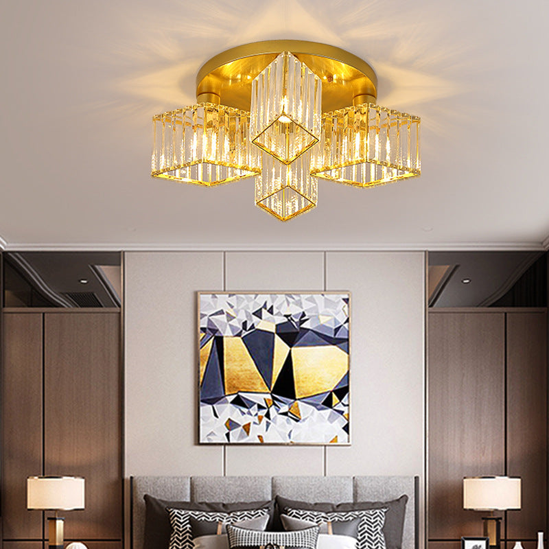 Zeitgenössische Luxus-Deckenleuchte mit rundem Diamant-Eisenkristall, 3/4/5/6 Lichter, halbbündige Montage, für Wohnzimmer 