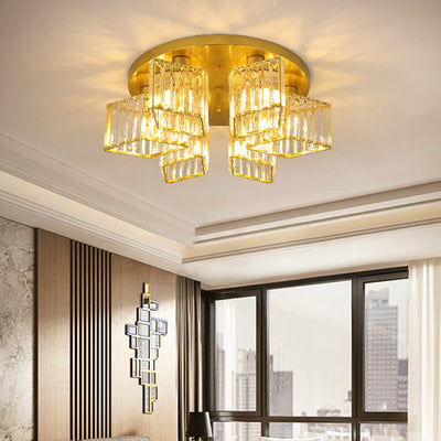 Zeitgenössische Luxus-Deckenleuchte mit rundem Diamant-Eisenkristall, 3/4/5/6 Lichter, halbbündige Montage, für Wohnzimmer 