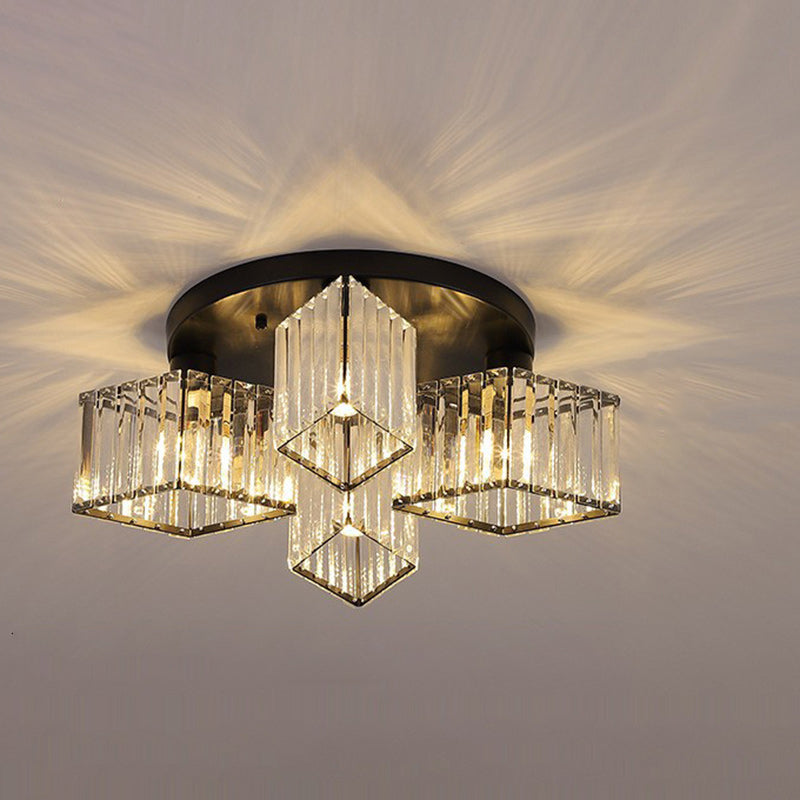 Zeitgenössische Luxus-Deckenleuchte mit rundem Diamant-Eisenkristall, 3/4/5/6 Lichter, halbbündige Montage, für Wohnzimmer 