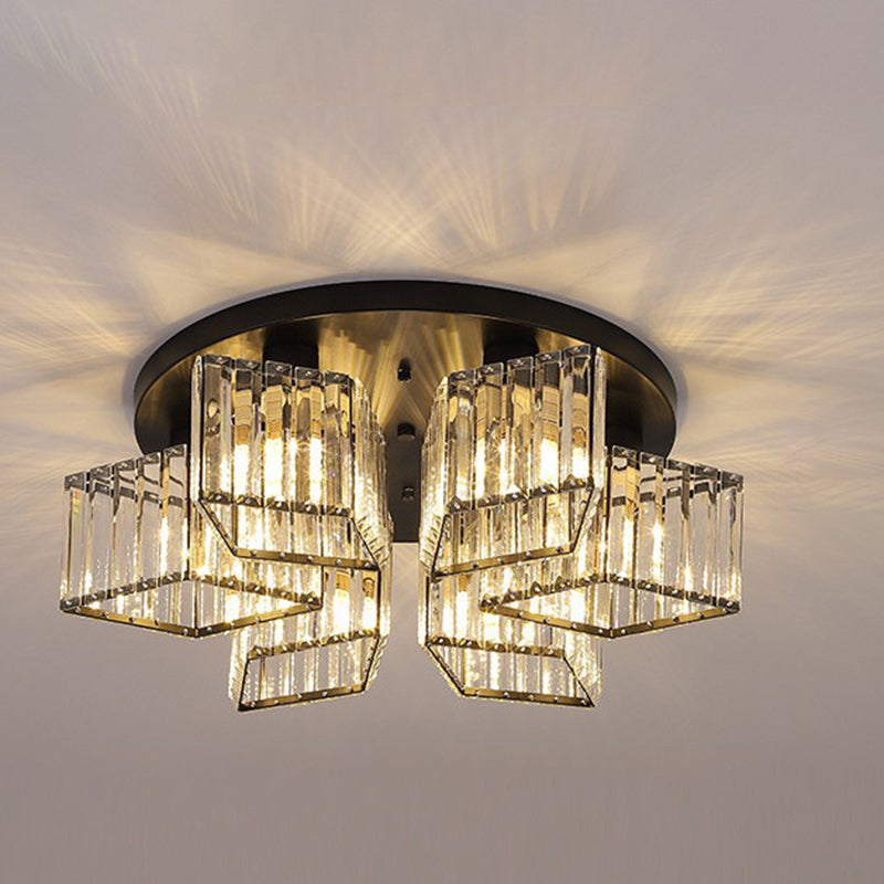Zeitgenössische Luxus-Deckenleuchte mit rundem Diamant-Eisenkristall, 3/4/5/6 Lichter, halbbündige Montage, für Wohnzimmer 
