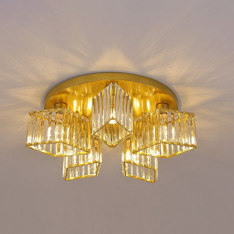 Zeitgenössische Luxus-Deckenleuchte mit rundem Diamant-Eisenkristall, 3/4/5/6 Lichter, halbbündige Montage, für Wohnzimmer 