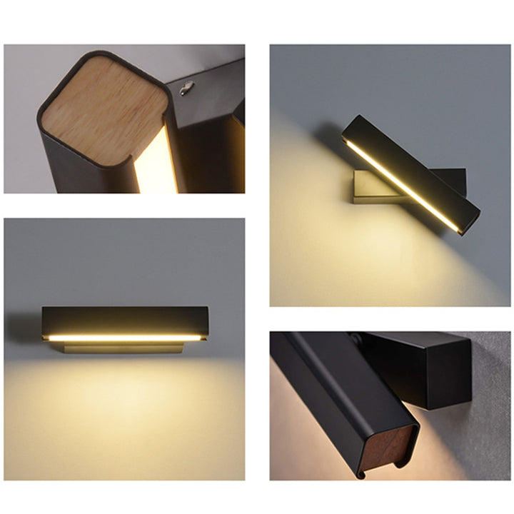 Applique murale LED rectangulaire rotative minimaliste moderne en fer et bois de caoutchouc pour chambre à coucher 
