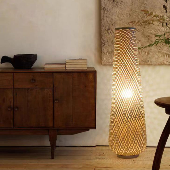 Lampe de sol traditionnelle chinoise en bambou cylindrique à 1 lumière pour salon 