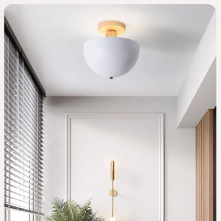 Moderne minimalistische runde Kuppel Eisen Holz 1-Licht Semi-Flush Mount Deckenleuchte für Wohnzimmer 
