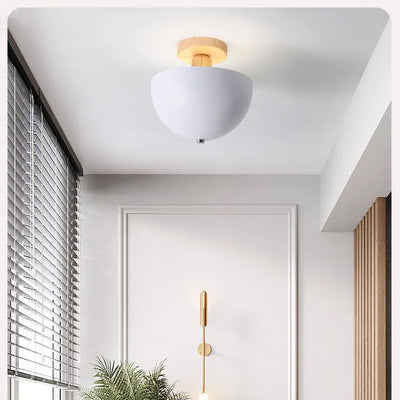 Plafonnier Moderne Minimaliste Rond en Dôme Fer et Bois 1 Lumière pour Salon 