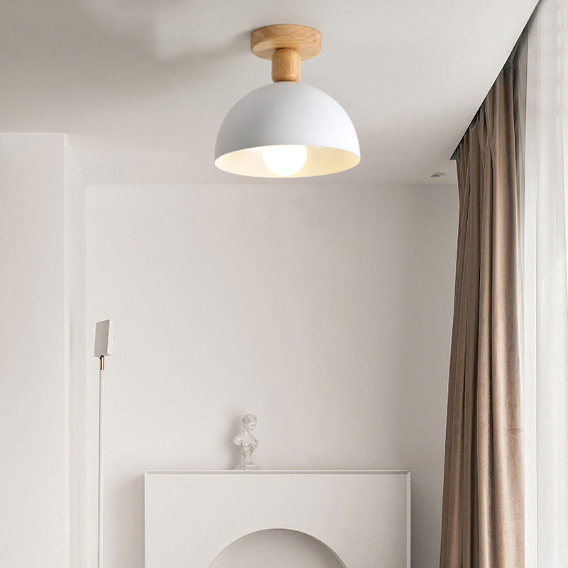 Moderne minimalistische runde Kuppel Eisen Holz 1-Licht Semi-Flush Mount Deckenleuchte für Wohnzimmer 