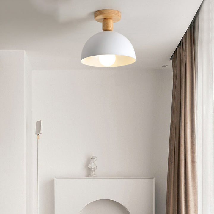 Moderne minimalistische runde Kuppel Eisen Holz 1-Licht Semi-Flush Mount Deckenleuchte für Wohnzimmer 