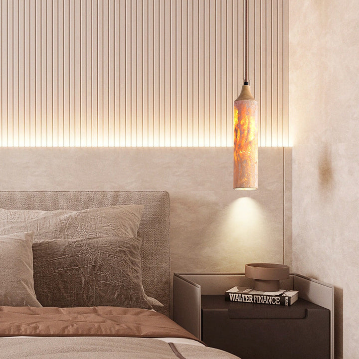 Suspension Luminaire à 1 Lumière en Fer avec Cylindre Japonais Traditionnel en Travertin Jaune pour Salon 