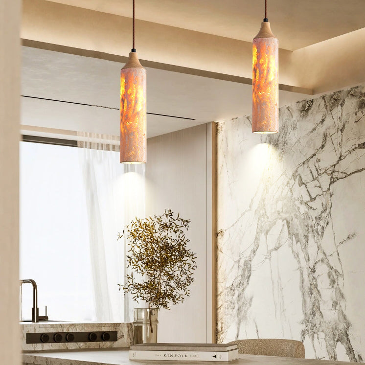 Suspension Luminaire à 1 Lumière en Fer avec Cylindre Japonais Traditionnel en Travertin Jaune pour Salon 
