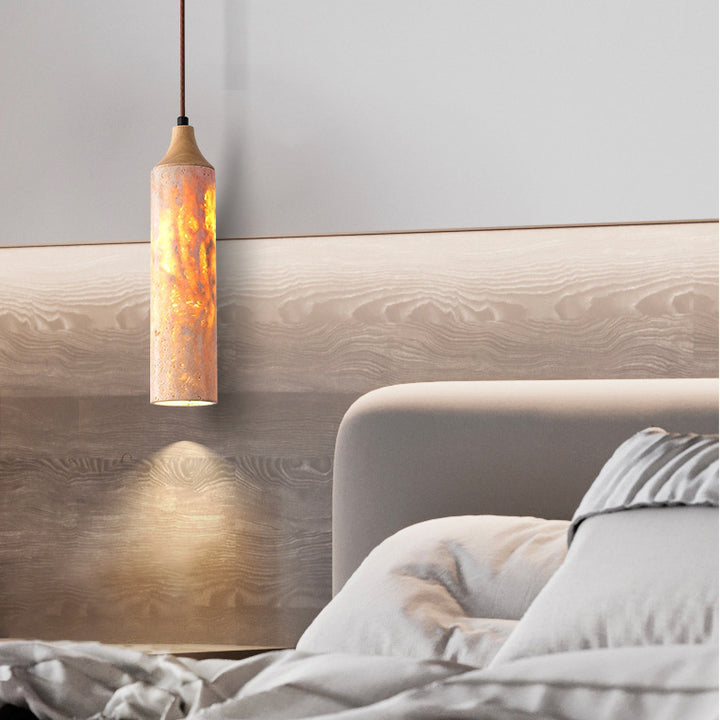 Suspension Luminaire à 1 Lumière en Fer avec Cylindre Japonais Traditionnel en Travertin Jaune pour Salon 
