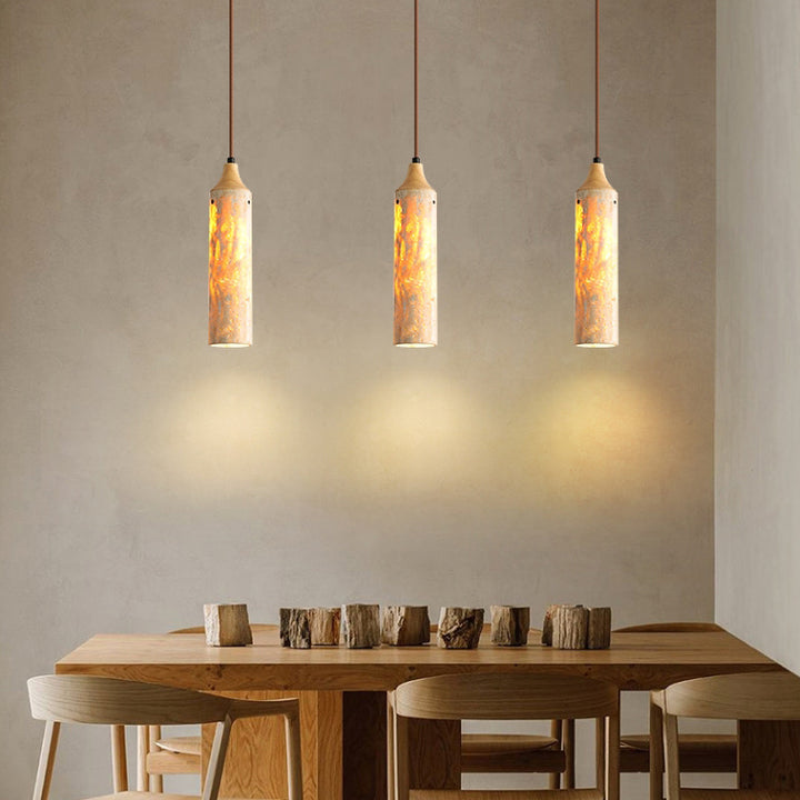 Suspension Luminaire à 1 Lumière en Fer avec Cylindre Japonais Traditionnel en Travertin Jaune pour Salon 