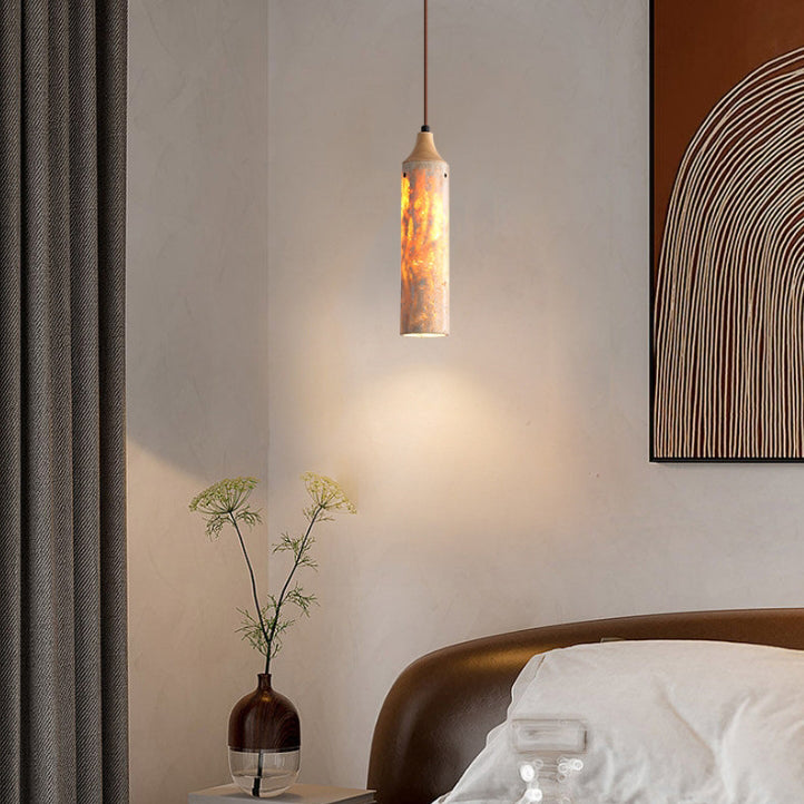 Suspension Luminaire à 1 Lumière en Fer avec Cylindre Japonais Traditionnel en Travertin Jaune pour Salon 