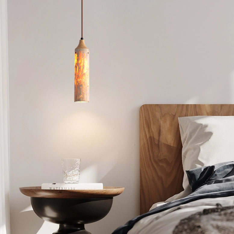 Suspension Luminaire à 1 Lumière en Fer avec Cylindre Japonais Traditionnel en Travertin Jaune pour Salon 