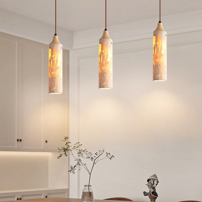Suspension Luminaire à 1 Lumière en Fer avec Cylindre Japonais Traditionnel en Travertin Jaune pour Salon 