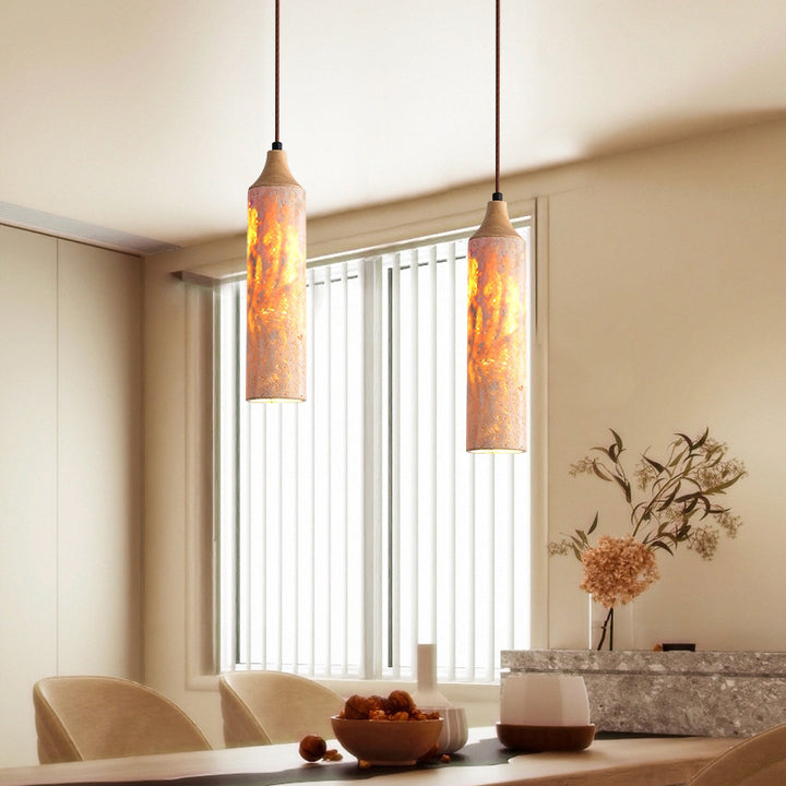 Suspension Luminaire à 1 Lumière en Fer avec Cylindre Japonais Traditionnel en Travertin Jaune pour Salon 