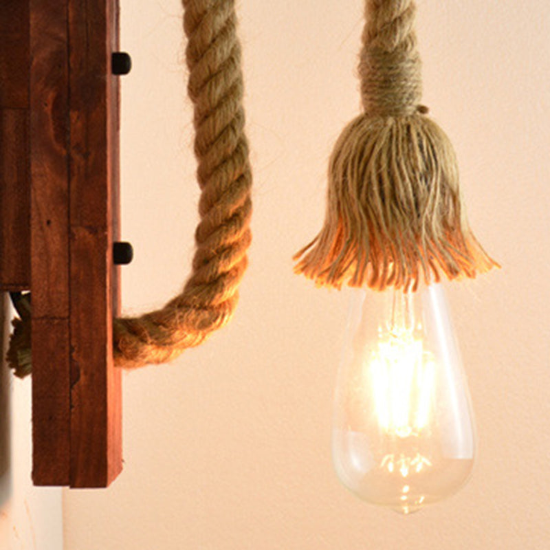 Traditional Vintage Rectangle Wood Hemp Rope 1-Light Wall Sconce Lamp For Living Room