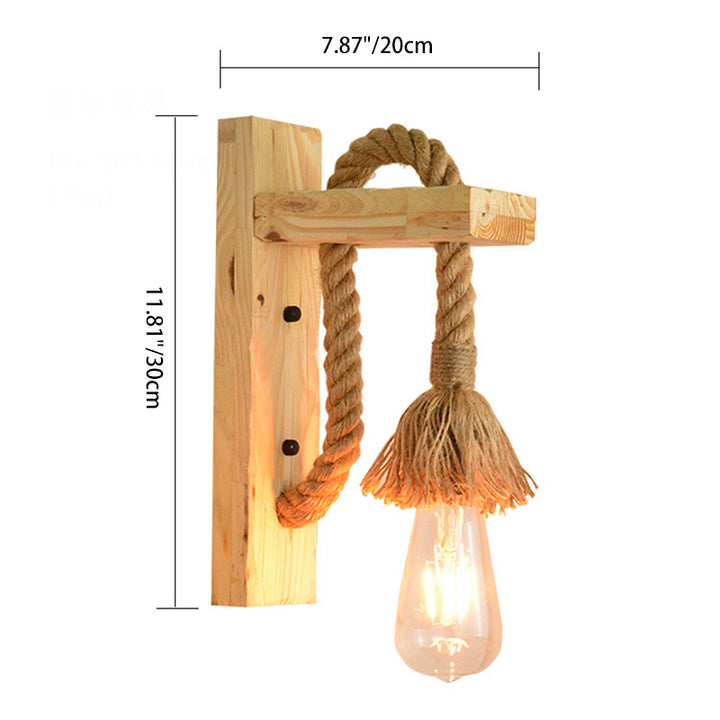Traditional Vintage Rectangle Wood Hemp Rope 1-Light Wall Sconce Lamp For Living Room
