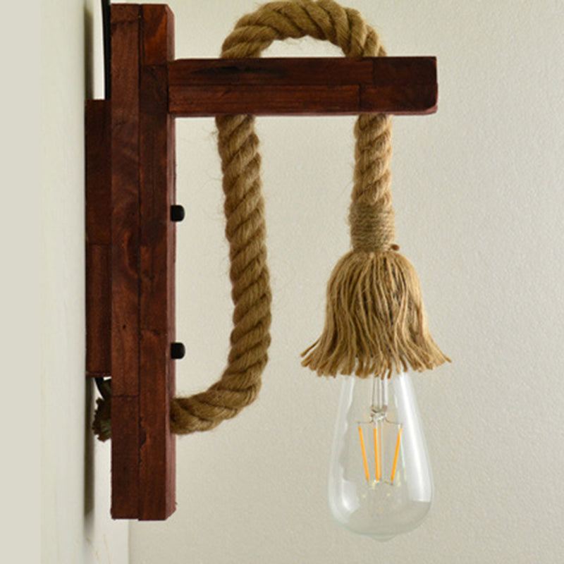 Traditional Vintage Rectangle Wood Hemp Rope 1-Light Wall Sconce Lamp For Living Room