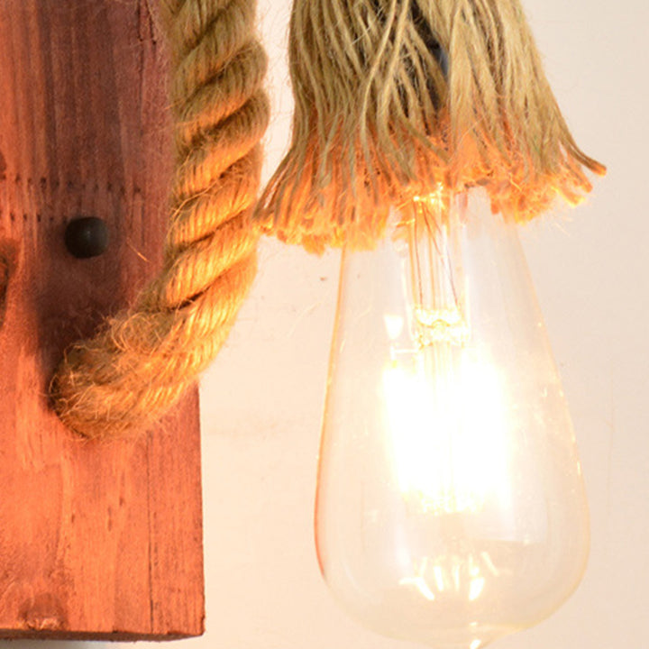 Traditional Vintage Rectangle Wood Hemp Rope 1-Light Wall Sconce Lamp For Living Room