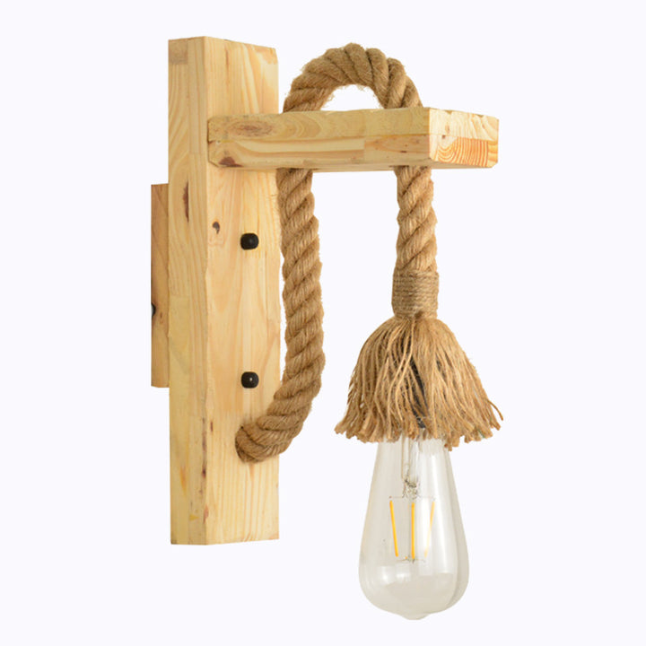 Traditional Vintage Rectangle Wood Hemp Rope 1-Light Wall Sconce Lamp For Living Room