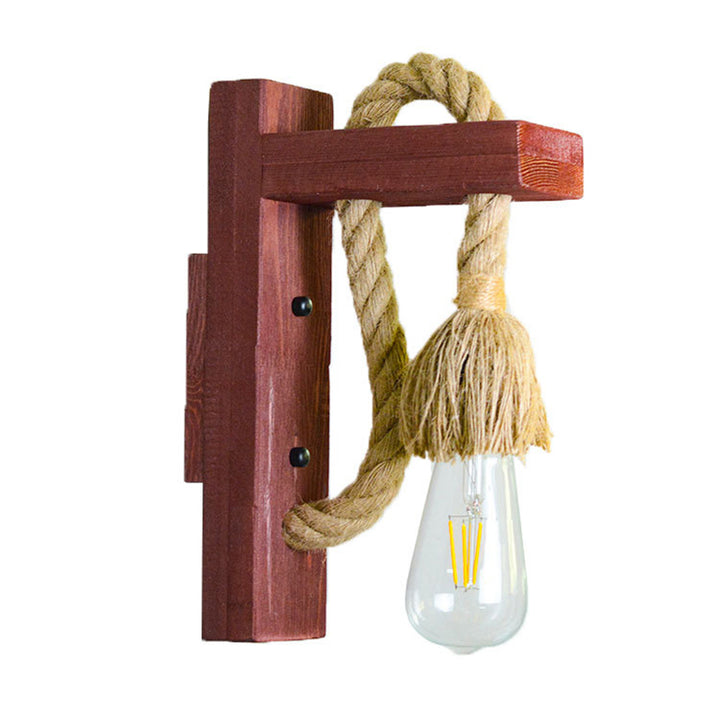 Traditional Vintage Rectangle Wood Hemp Rope 1-Light Wall Sconce Lamp For Living Room