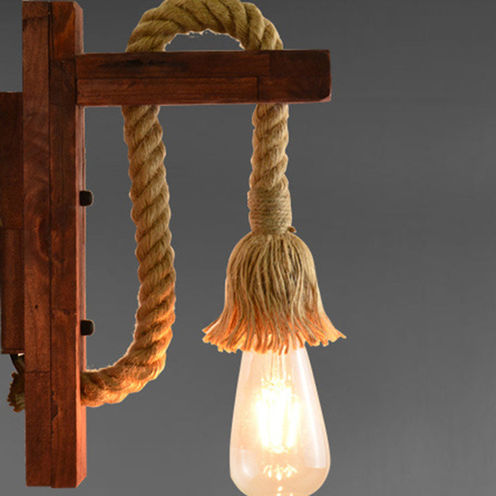 Traditional Vintage Rectangle Wood Hemp Rope 1-Light Wall Sconce Lamp For Living Room