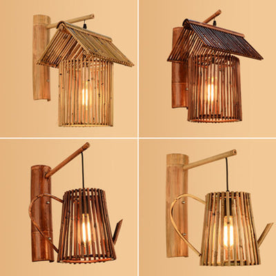Traditionelle chinesische Haus Teekanne Form Bambus 1-Licht Wandleuchte Lampe für Wohnzimmer 