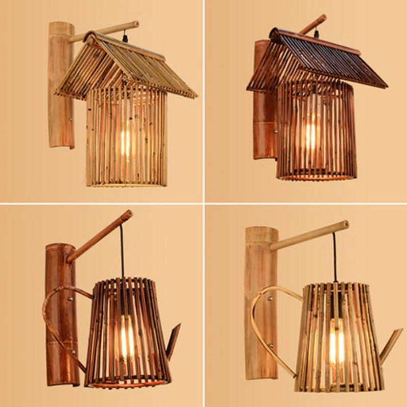 Traditionelle chinesische Haus Teekanne Form Bambus 1-Licht Wandleuchte Lampe für Wohnzimmer 