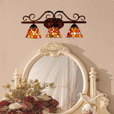 Traditional Tiffany Cone Lace Stained Glass Iron 3-Light Wall Sconce Lamp For Bedroom