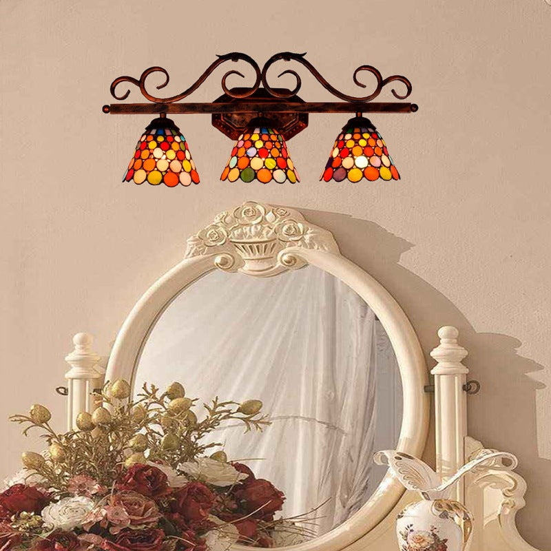 Traditional Tiffany Cone Lace Stained Glass Iron 3-Light Wall Sconce Lamp For Bedroom